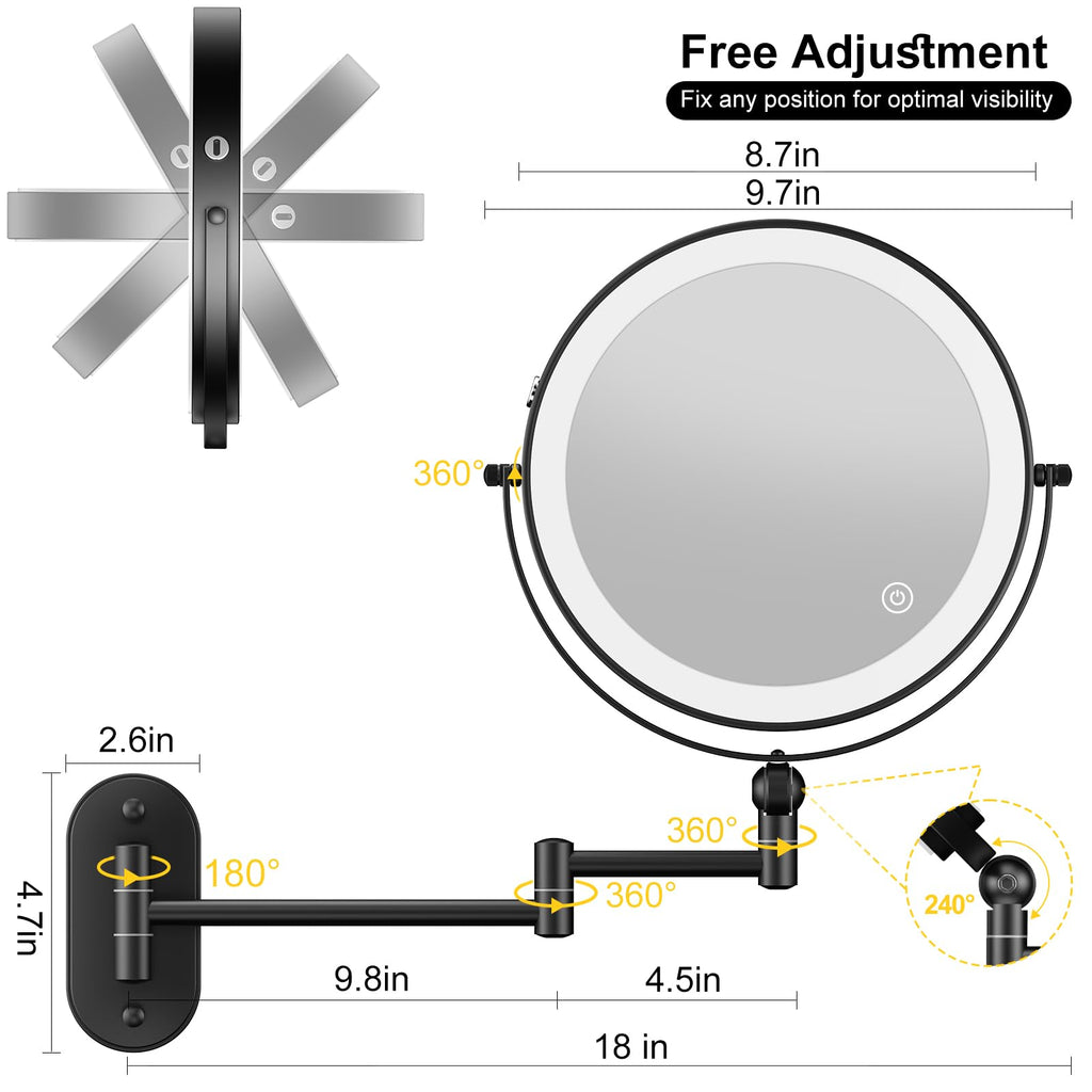 9" Wall Mounted Lighted Makeup Mirror,4000mAh Rechargeable Double Sided 1X/10X Magnifying Mirror with Light,3 Color