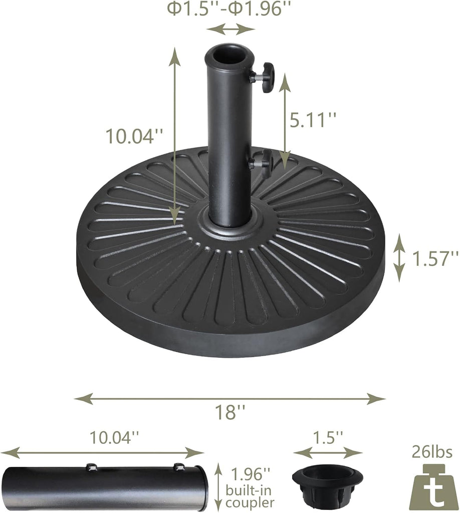 USA 18" Patio Umbrella Base Stand, 26 lbs Heavy Duty Cast Resin Outdoor Table Umbrella Holder for 1.5" - Black