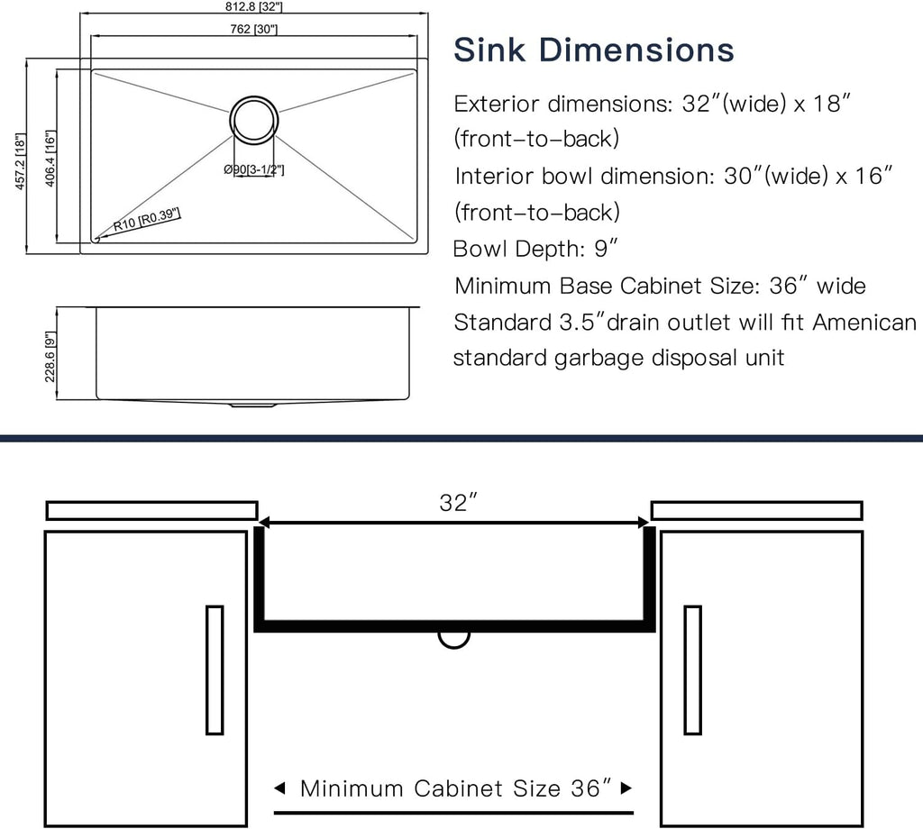 Kitchen Sinks 32x18 Inch Undermount Kitchen Sink Stainless Steel Sink 16 Gauge Single Bowl Set (5 Item Bundle: Sink