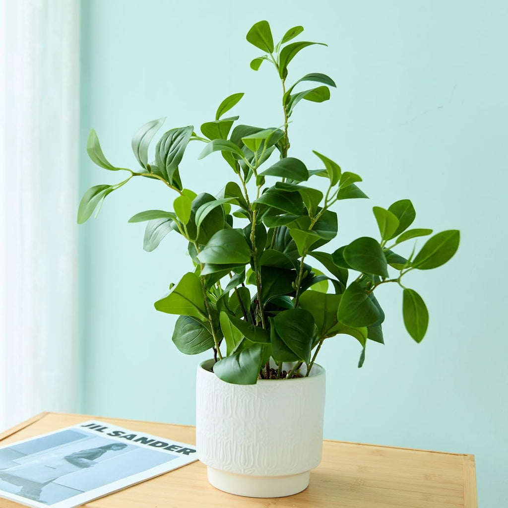 16'' Artificial Ficus Plant in White Textured Ceramic Pot Realistic Faux Greenery with Lifelike Leaves Fake Plants