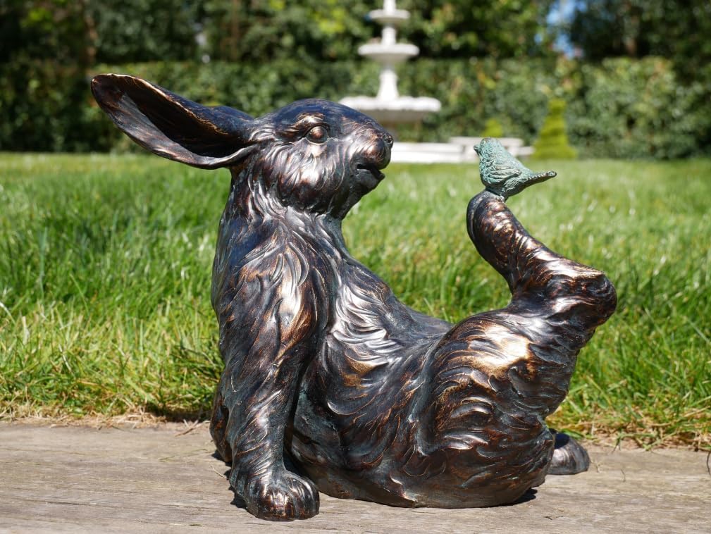 Rabbit & Bird Resin Indoor Outdoor Garden Ornament Bronze Effect Decoration Patio Decking Statue Farmhouse Style