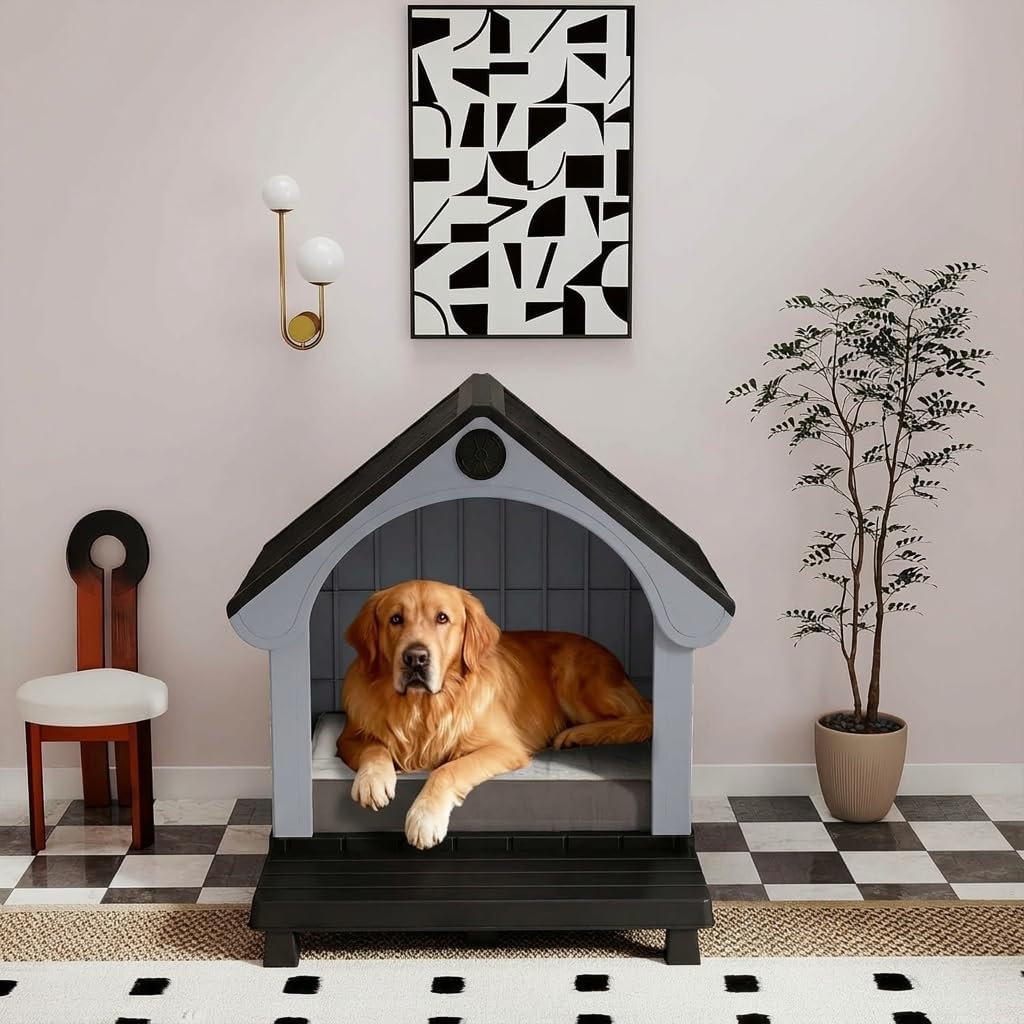 Large Dog House Outdoor, Plastic Weatherproof Dog House with Elevated Floor and Open Front, Easy to Clean & Assemble