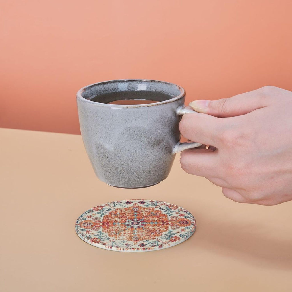 Vintage Retro Ethnic Boho Coasters for Drinks Round Leather Coaster with Holder for Tabletop Protection Desk - Set of 6