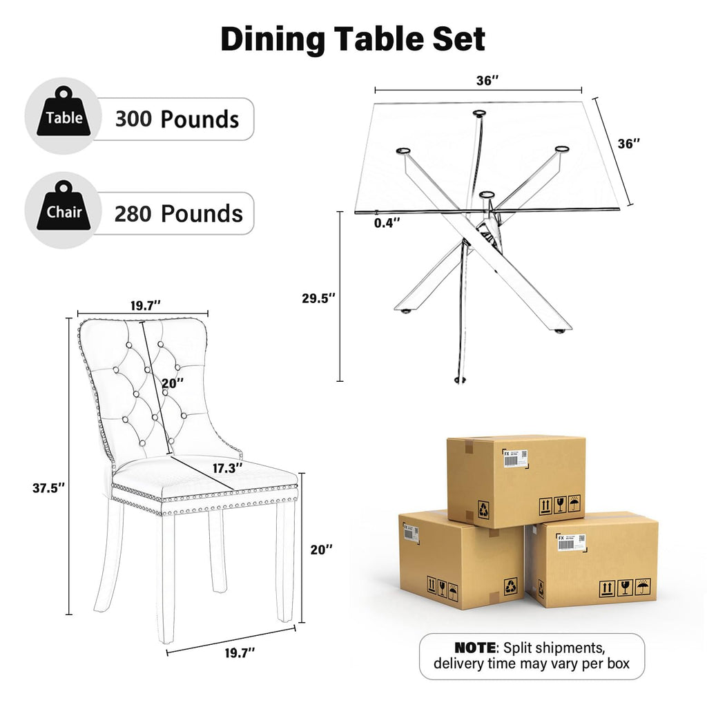 5 Piece Clear Glass Top Dining Set, 36'' Modern Square Glass Dinner Set, 4 Person Minimalist Luxury Kitchen Set