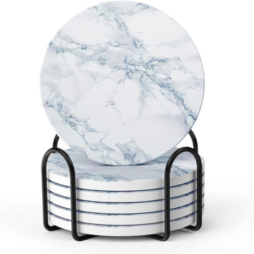 Coasters for Drinks, White Marble-Style Absorbent Coasters with Holder, Housewarming Gifts Decor, Suitable for Kinds - Set of 6