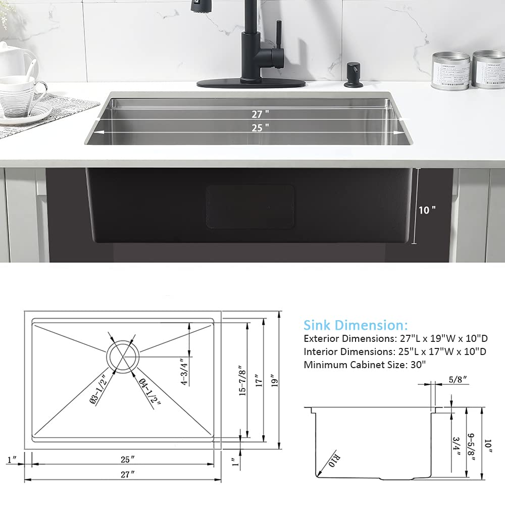 27 Inch Undermount Kitchen Sink, Stainless Steel Workstation Sink