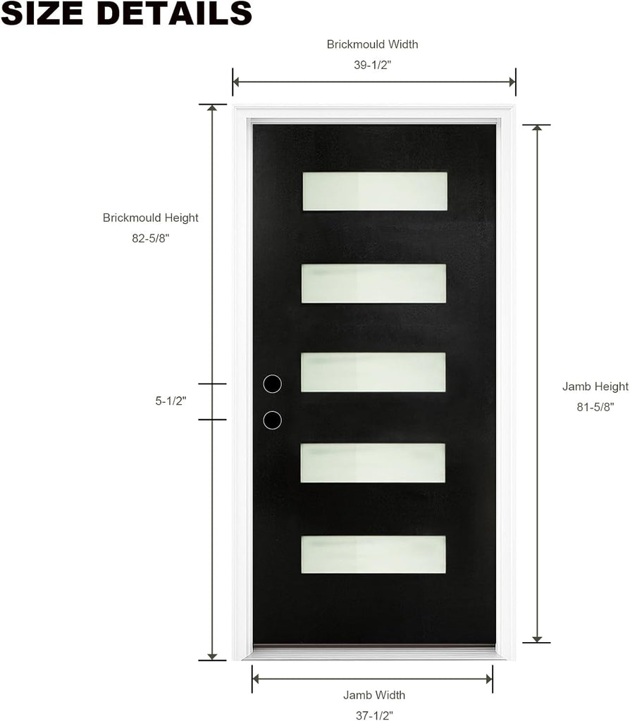 36" x 80" Modern Fiberglass Entry Door, 5-Lite Frosted Glass, Contemporary Exterior Front Door with Vinyl Frame &