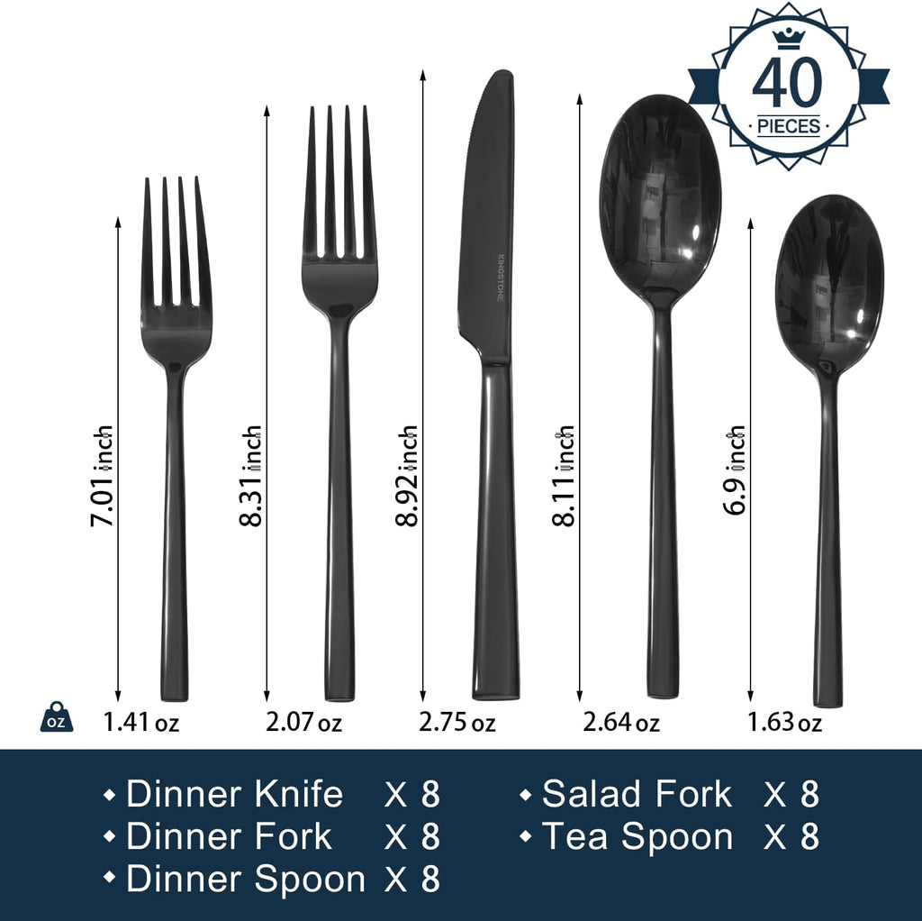 Black Silverware Set, 40-Piece Forged Flatware Set Cutlery Set Premium Stainless Steel, Service for 8