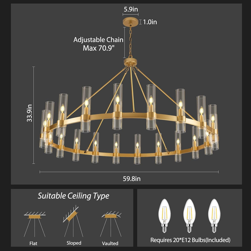 Gold Wagon Wheel Chandelier, 60 Inch Glass Chandeliers, 20 Light Chandelier for High Ceiling, Modern Farmhouse Chandeliers for Living Room, Dining Room, Entryway, Stairwell(Bulbs Included) A115-B0F29CRZQ5
