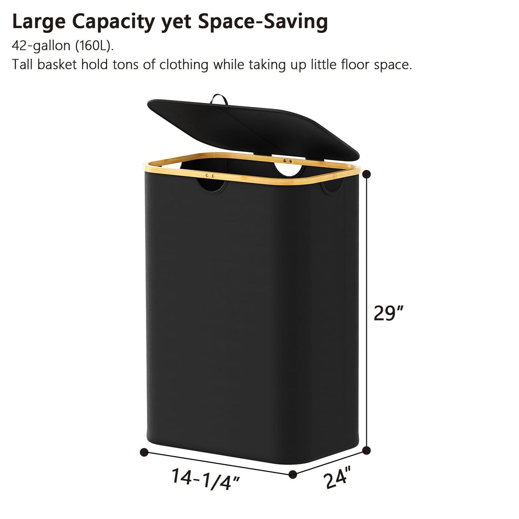 Double Laundry Hamper 2 Section with Lid and Removable Laundry Bags, 160L Clothes Basket with Bamboo Handles, Large