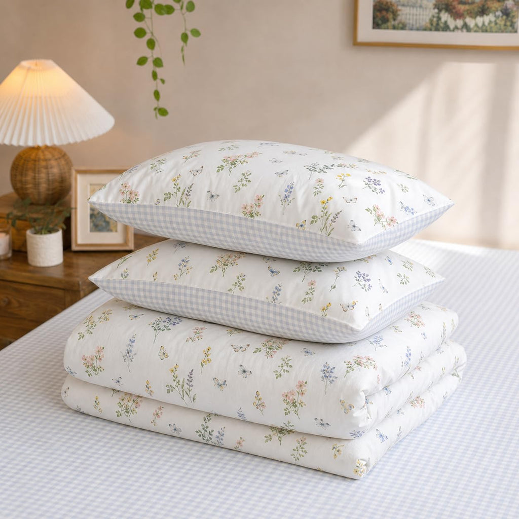 Gingham Duvet Cover 3 Pieces Colourful Floral Bedding Set