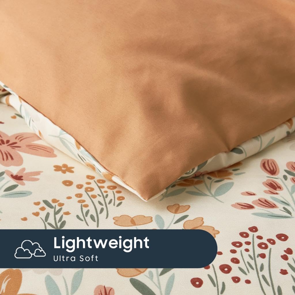 Floral Bedding Set for Girls, Cute Colorful Botanical Flowers Patterned Soft Lightweight Comforter Set with Sheets, 5