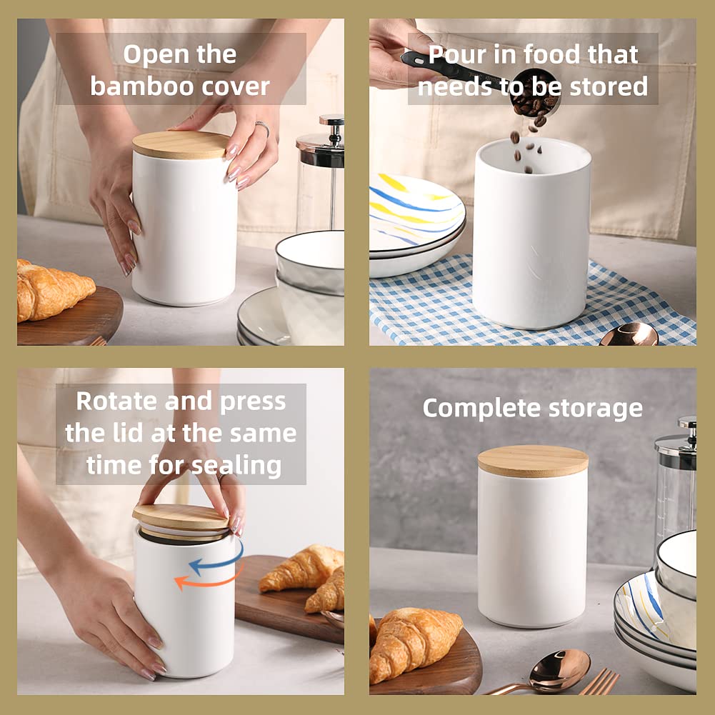 Kitchen Canisters Ceramic Food Storage Jar Set, Stackable Containers with Airtight Seal Wooden Lid for Serving Ground