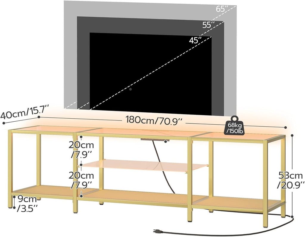 TV Stand with LED Lights and Power Outlets for TVs up to 75", Modern 70.9 Inch Tempered Glass TV Console Table with