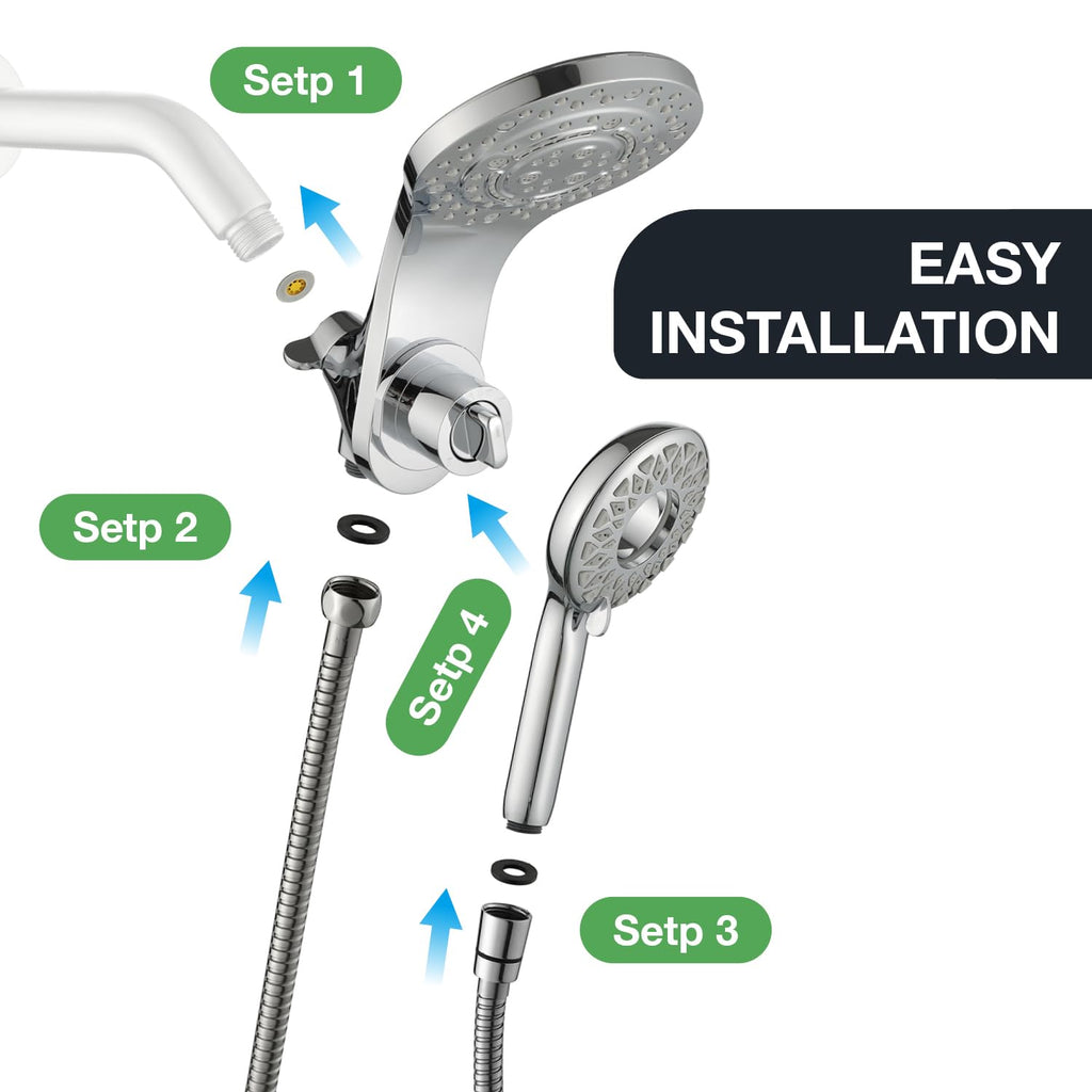 High Pressure Rain Shower Head with Handheld Spray Combo Fixed Showerhead Dual Shower Head Set 10 Sprays Detachable
