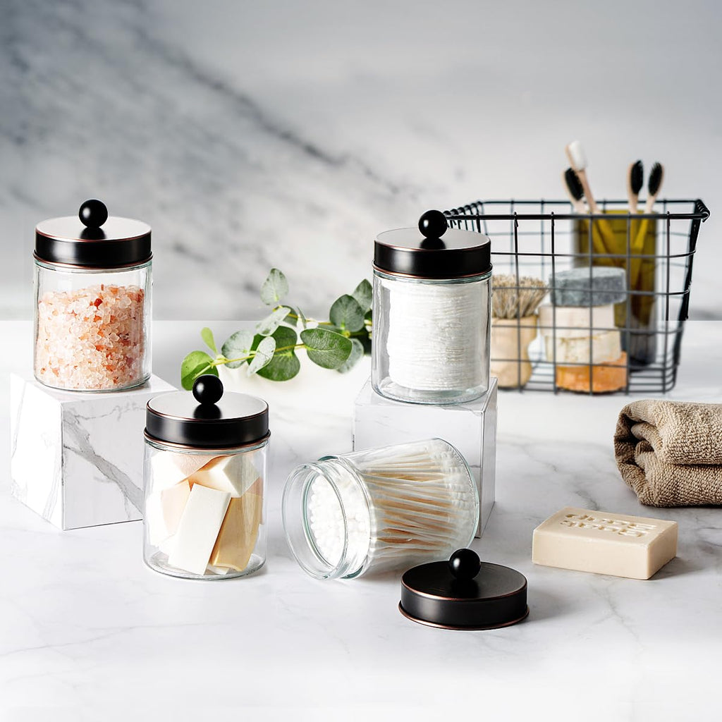 Glass Apothecary Jar Qtip Holder Metal Lids 4pc/ORB