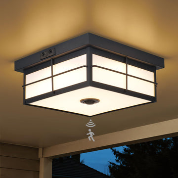 24W LED Motion Sensor Outdoor Ceiling Light, Smart Square Flush Mount Fixture, 3CCT Selectable Dusk to Dawn Porch