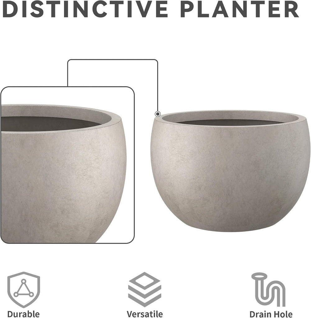 Large Round Bowl Weathered Concrete Planter 20" Dia, Outdoor | Rubber Plug for Indoor, Drainage for Garden