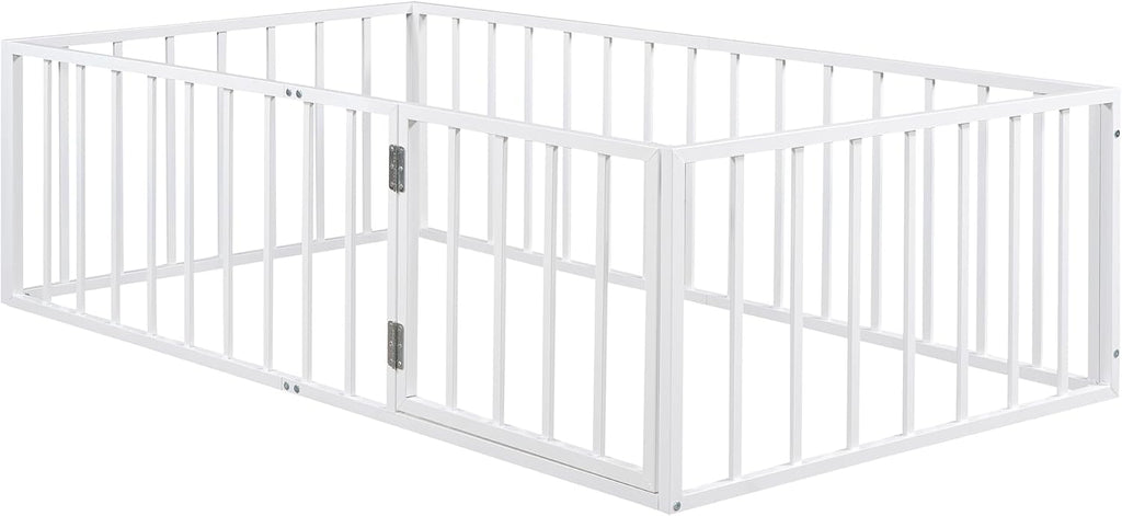 Floor Bed with Fence and Door, Heavy Duty Montessori Floor Bed Frame, Easy Assemble Montessori Beds