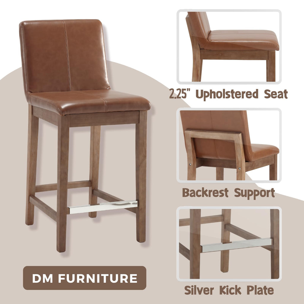 Counter Height Bar Stools Set of 6 Faux Leather Upholstered Kitchen Island Stools with Back and Distressed Wood Legs