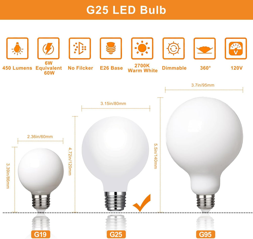 Glass LED G25 Globe Light Bulbs 60W Equivalent, G25 Dimmable 2700K Warm White Round Frosted Vanity Light Bulb for