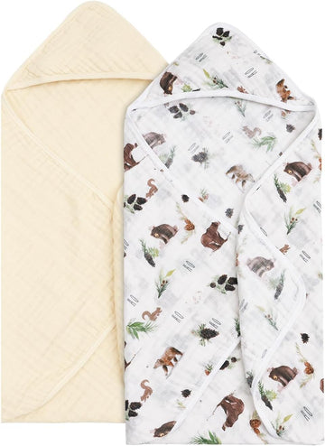 2 Pack Hooded Baby Towels, 100% Muslin Cotton Layer Ultra Soft Breathable Absorbent Baby Bath Towels for Infant