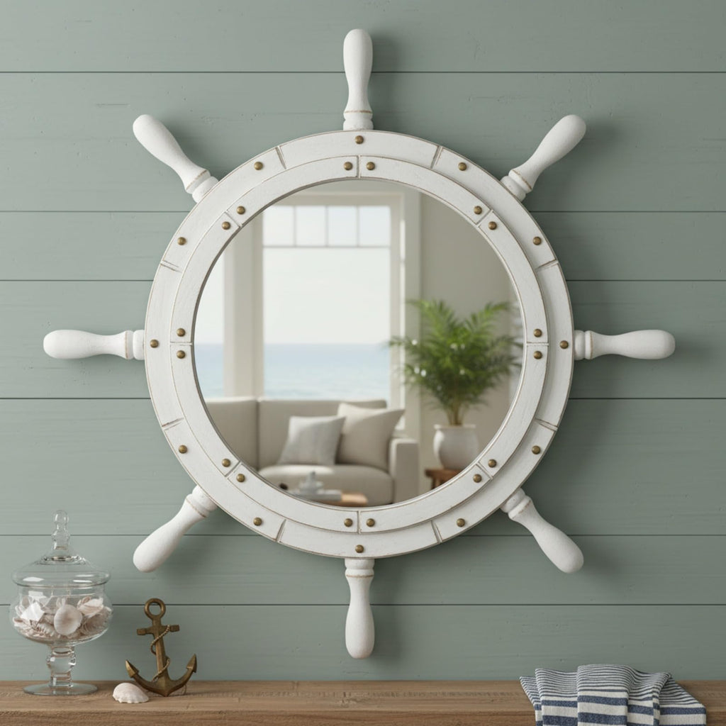 Nautical Ship Wheel Mirror Wall Mounted, White Handle, 36 Inch