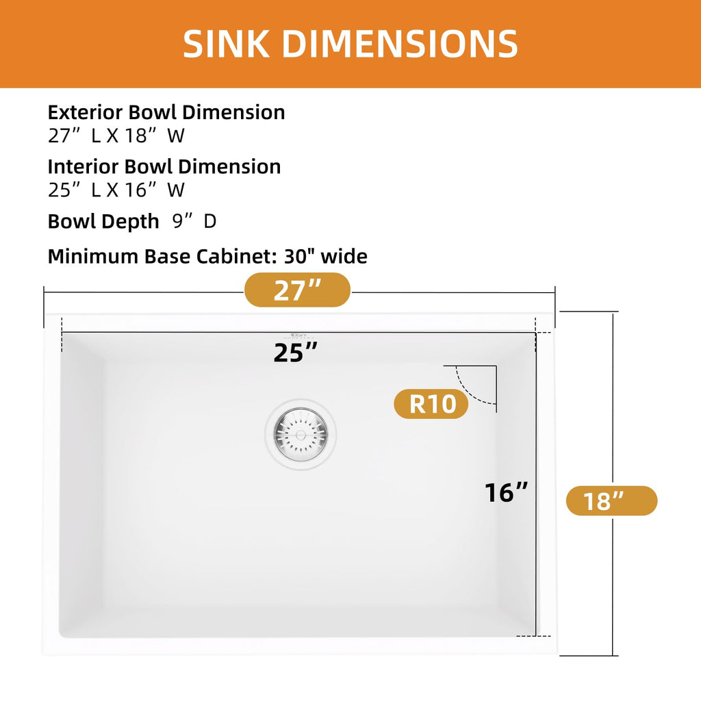 Quartz Kitchen Sink, 27 Inch White Undermount Kitchen Sinks, Deep Single Bowl Granite Composite Sink, Modern Sinks