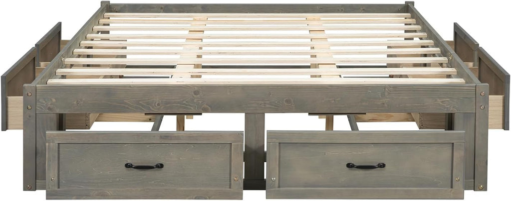 Japanese Wooden Platform Bed With 6 Storage Drawers, No Headboard