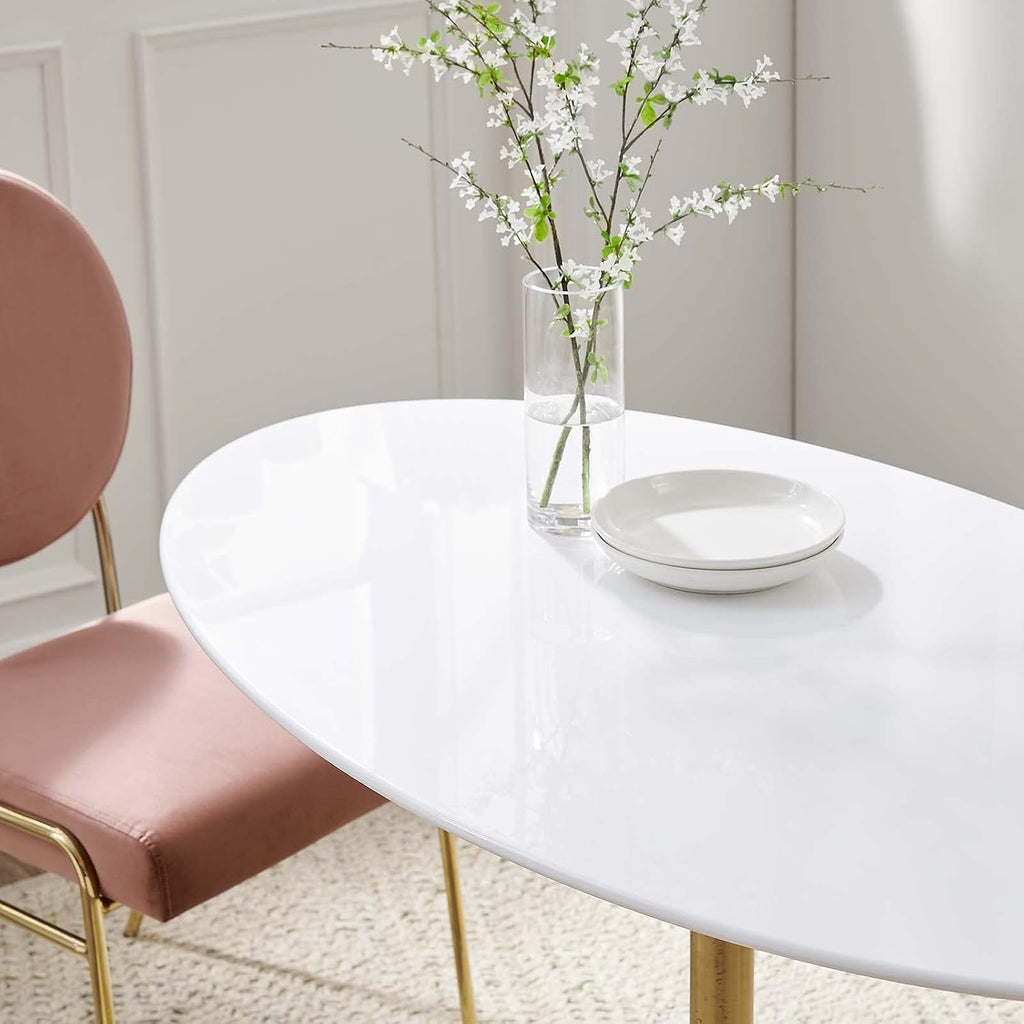 Inspired Tulip Style Oval Pedestal Dining Table — Gold Base / White Top, 48″ Oval