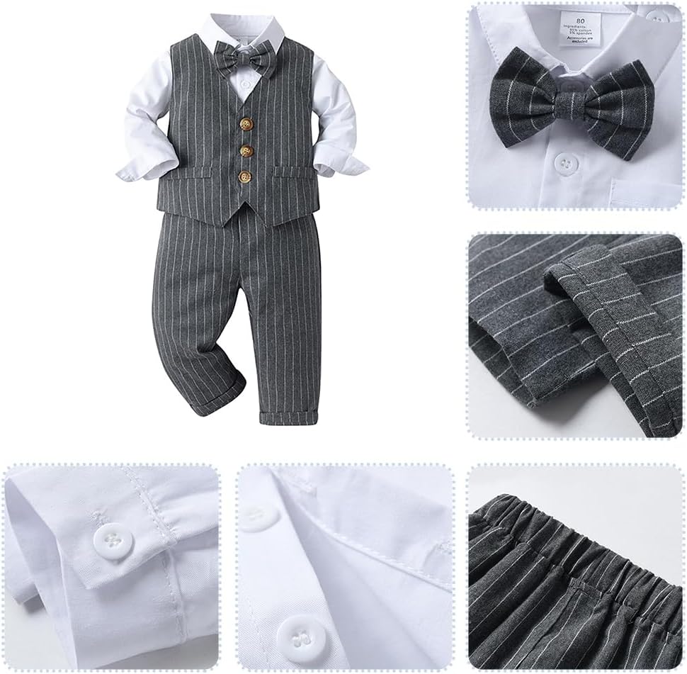 Toddler Kids Baby Boys Fall Winter Outfits Long Sleeve Shirt with Bowtie + Vest Waistcoat +Long Pants Overalls Clothes