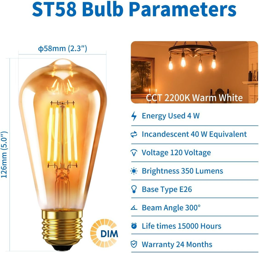 Vintage Edison LED Bulbs, 40W Equivalent, 2200K Amber Warm White
