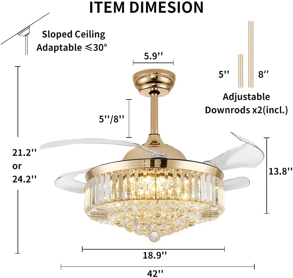 42'' Fandelier Ceiling Fans with Light, Chandelier Ceiling Fan, Retractable Crystal Ceiling Fan , 3 Color Change