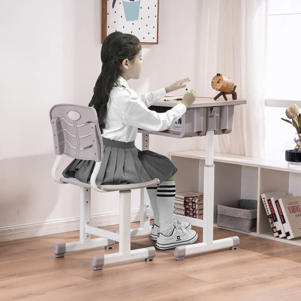 Student Desk and Chair Combo, Height Adjustable Children's Desk and Chair Workstation with Drawer, Pencil Grooves and