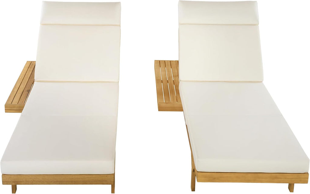 Acacia Wood Chaise Lounge Chair Set of 2, Double/Single Outdoor Sunbathing Pool Lounger with 4'' Four-Folds Cushion