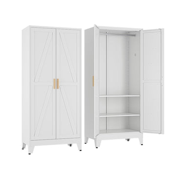 71'' Metal Wardrobe Closet, Bedroom Armoire Cabinet with Adjustable Hanging Rod and Shelves, 2 Doors Farmhouse Closet