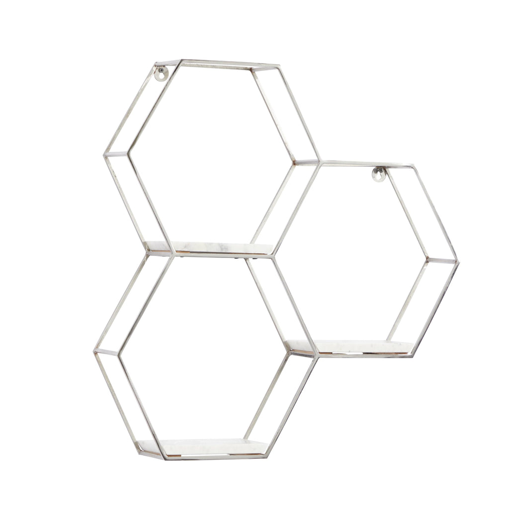 Metal Geometric Wall Shelf Hexagon with 3 Marble Shelves, 26" x 5" x 24", Silver