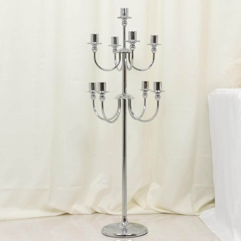 9-Arm Silver Metal Floor Candelabra Candle Holder, Vintage Classic Taper Candlestick Stand for Wedding, Party and