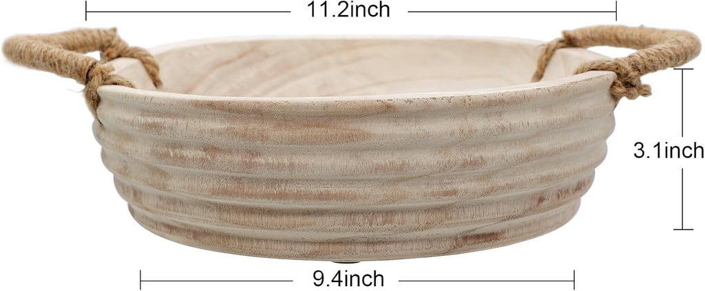 Wooden Decorative Bowls, 11.2 Inch Premium Round Serving Bowl with Rope Handles Decor, Round Paulownia Wood