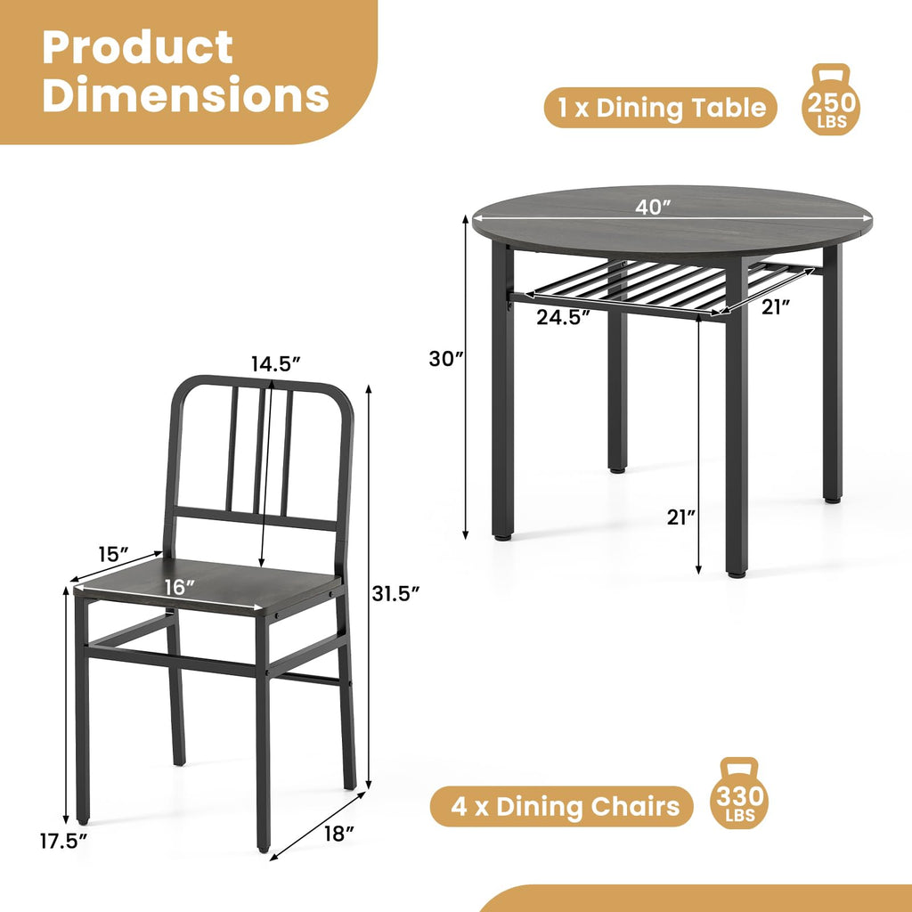 5-Piece Dining Table Set for 4, 40-Inches Round Kitchen Table and Chairs with Storage Rack & Metal Frame