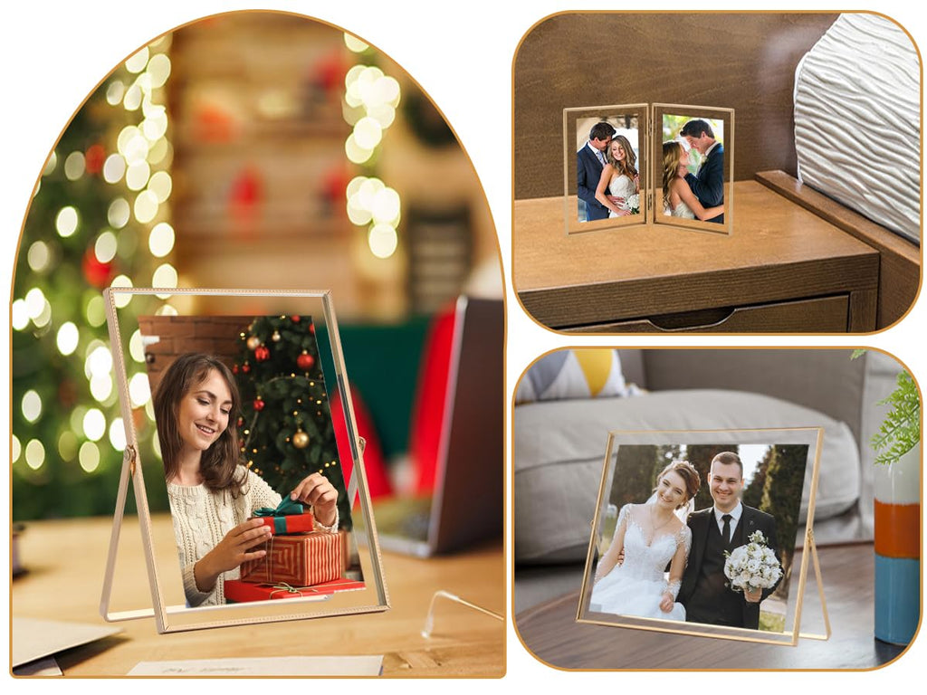 Gold 5x7'' Triple Metal Hinged Baby Nursy Picture Frame, Beaded Edge Design, with High-Definition Tempered Glass and