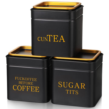 3 Piece Novelty Sugar Tea Coffee Canister Set Gifts Naughty Black Stainless Steel Containers Airtight Metal Coffee