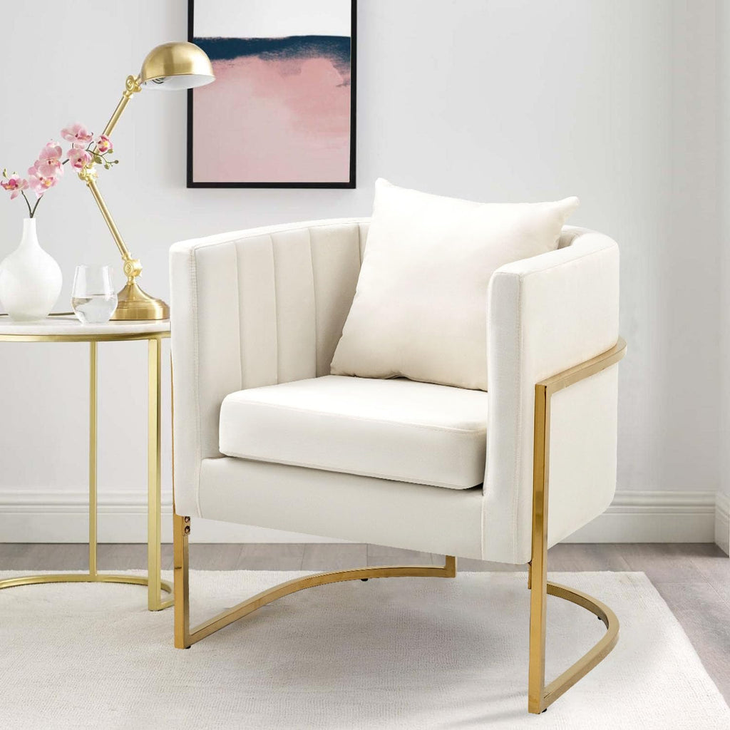 Velvet Accent Chair, Modern Barrel Arm Chair /Bedroom/Guest Reception, Upholstered Club Armchair with Pillow & Gold