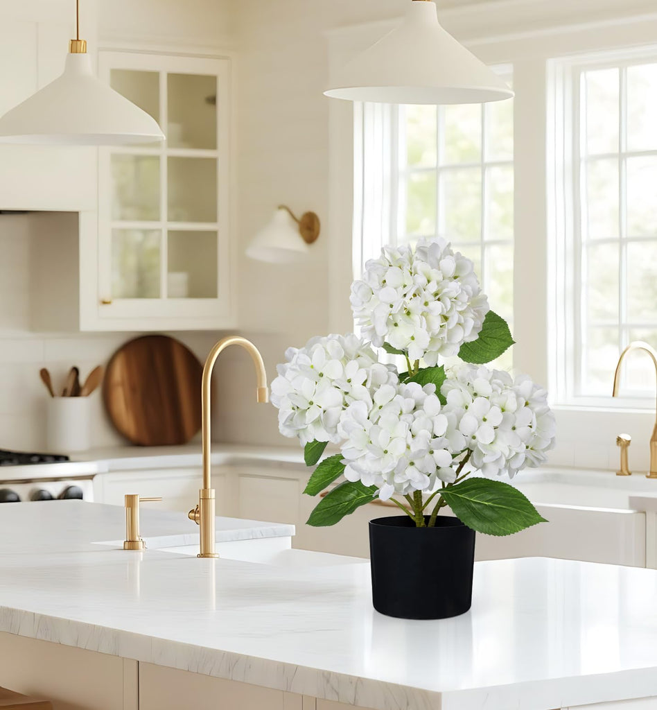 White Hydrangea Artificial Flowers in Pots 19.7" Four-Head Faux Silk Hydranges Flower Arrangements for Indoor Home