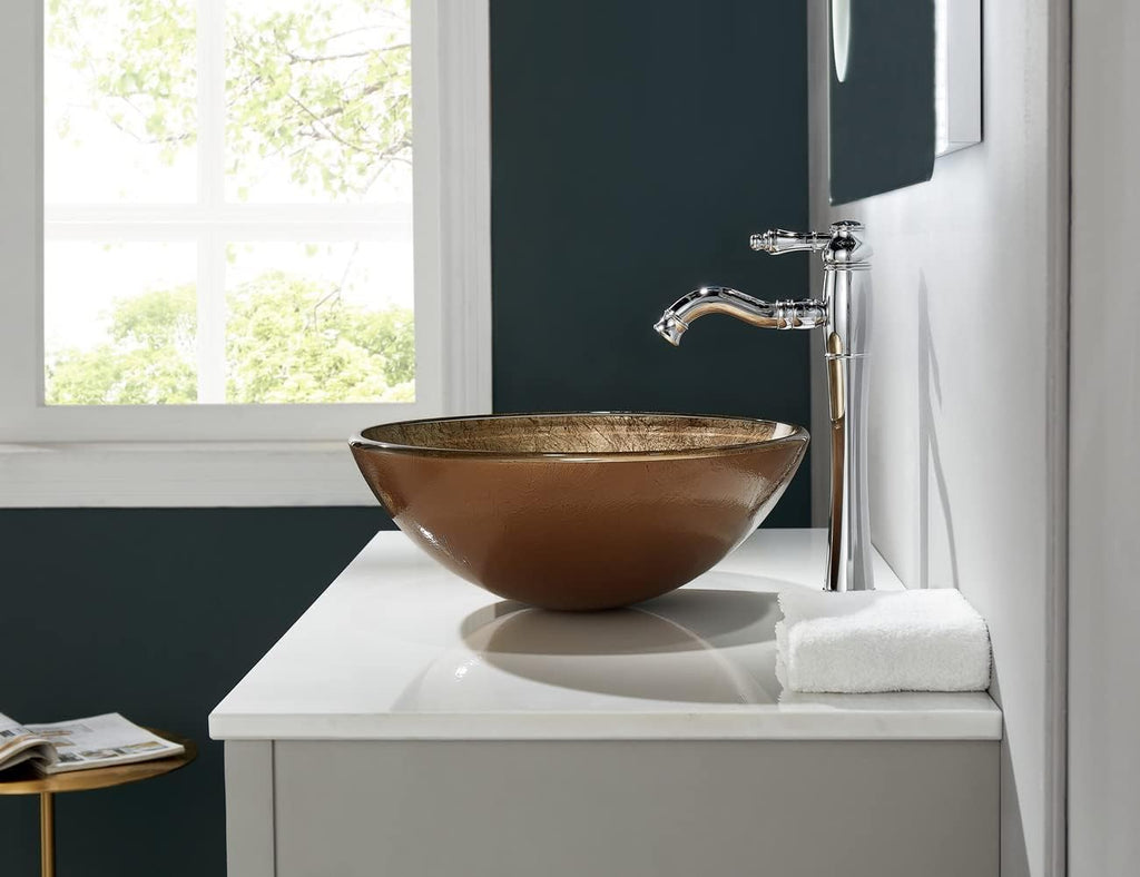Honeysuckle Series Round Tempered Deco Glass Vessel Bathroom Sink | Top Mount Sinks Above Countertop |Handicraft