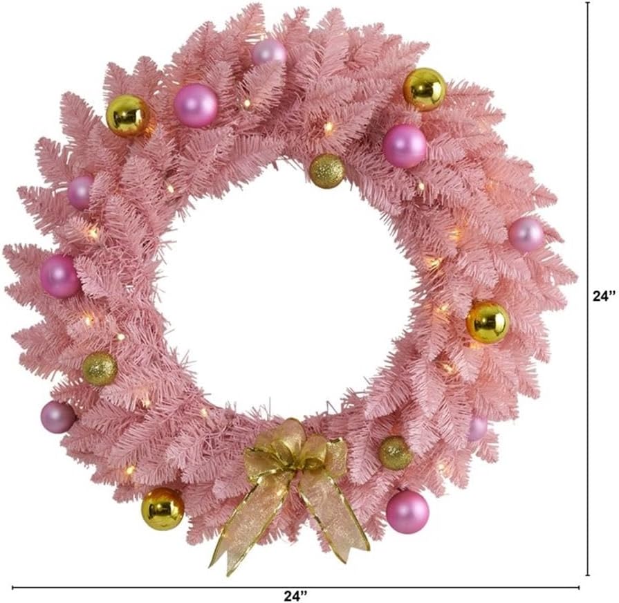 24" Pink Artificial Christmas Wreath with 35 LED Lights, Decorative Ornaments, Flocked Pastel Hue, Golden Bow