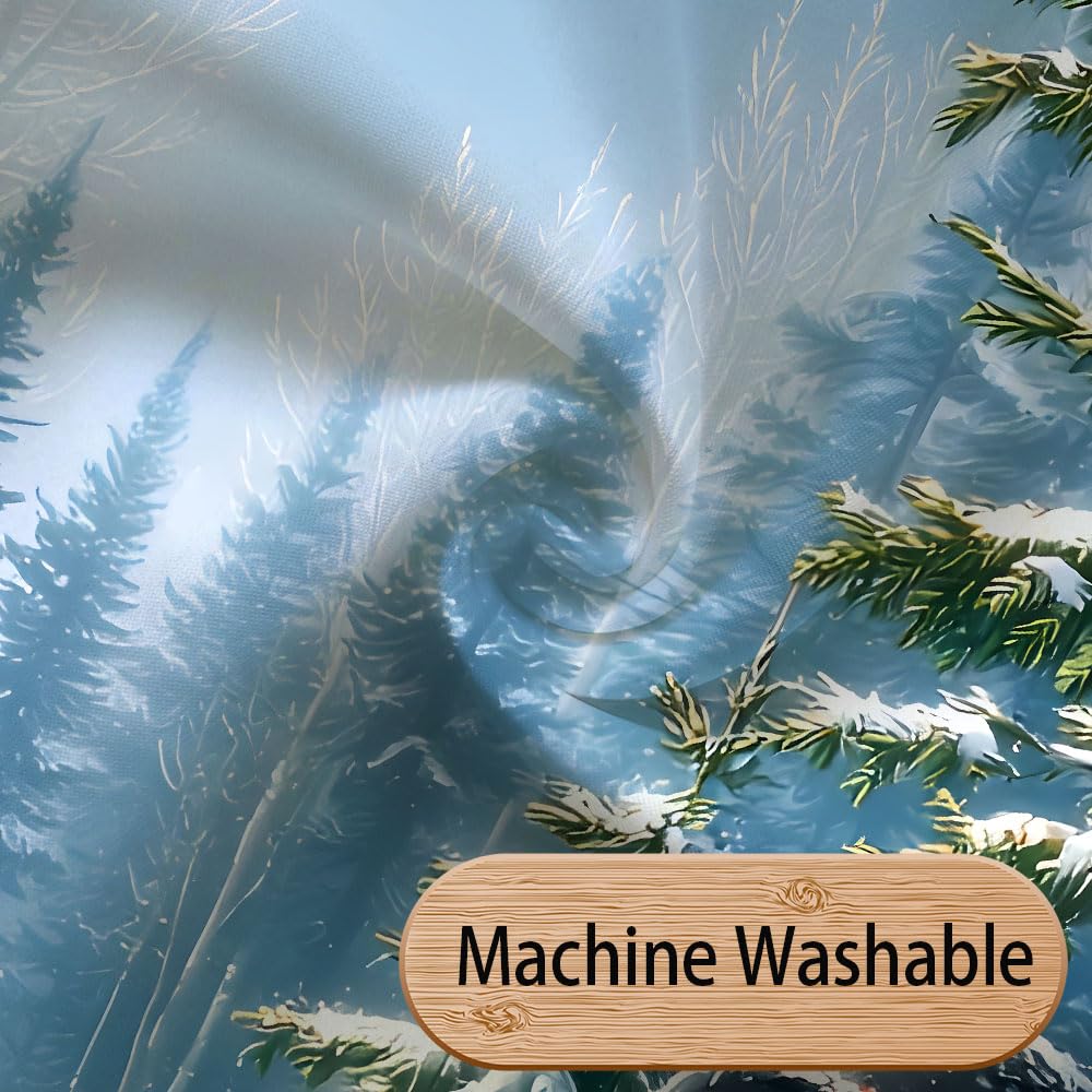 Winter Christmas Snowman, Xmas Tree Snowy Forest Holiday Bathroom Curtains, Rustic Farmhouse Waterproof Polyester