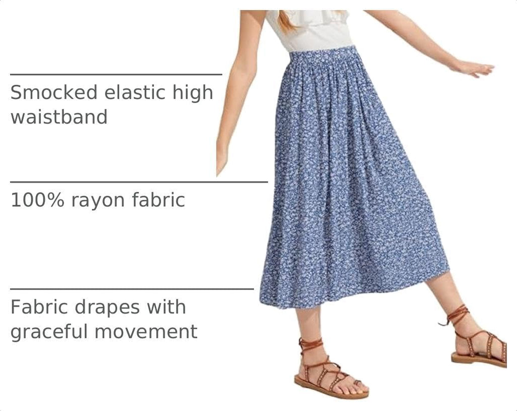 New Girls Floral Maxi Skirt Boho Flowy A-Line Summer Midi Skirt with Elastic Waist