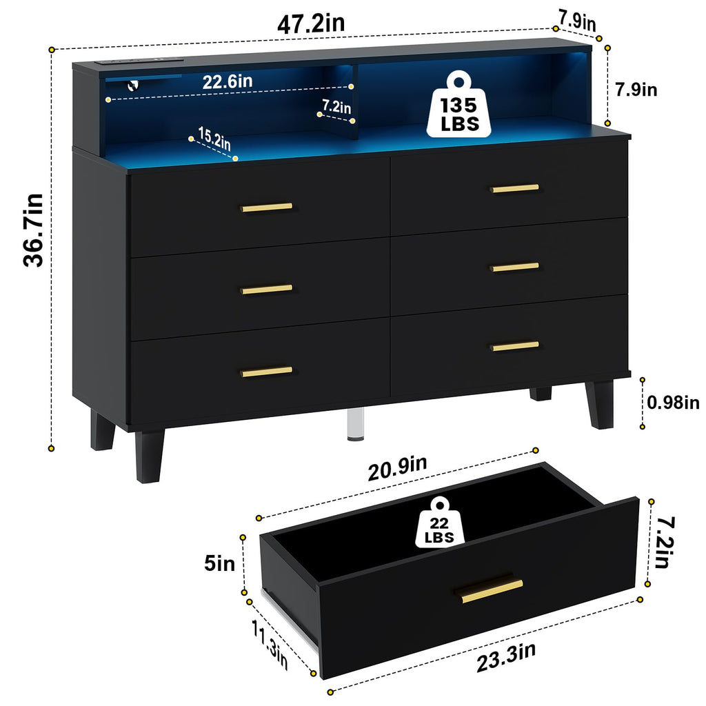 6 Drawers Dresser with LED Light and Power Outlet, Wood Black Dressers & Chests of Drawers, Large Double Dressers