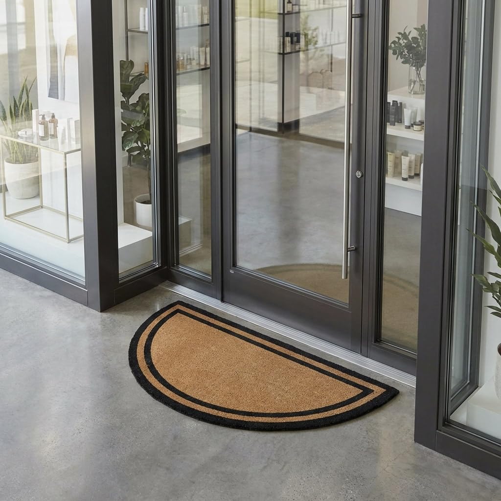 Half Round Black Border Coco Coir Door Mat, 30" x 60", Woven Backed, Heavy Duty Outdoor, Natural Fiber Entrance Mat